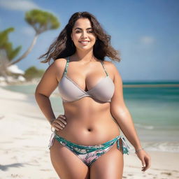 A woman with a curvaceous figure and large bust, wearing a bikini