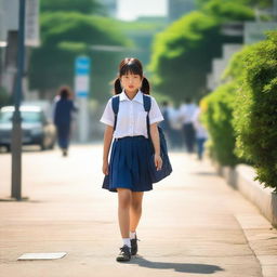 A Korean school girl is walking home after a long day at school