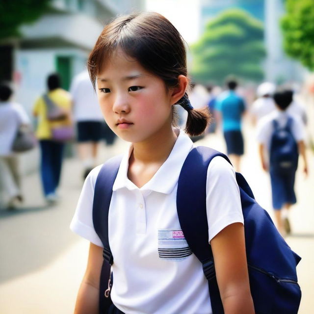 A Korean school girl is walking home after a long day at school