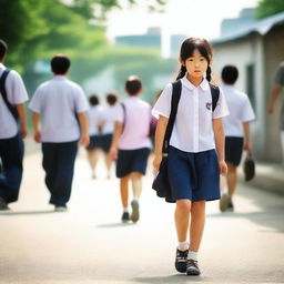 A Korean school girl is walking home after a long day at school