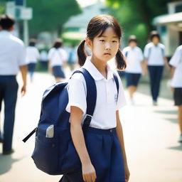 A Korean school girl is walking home after a long day at school