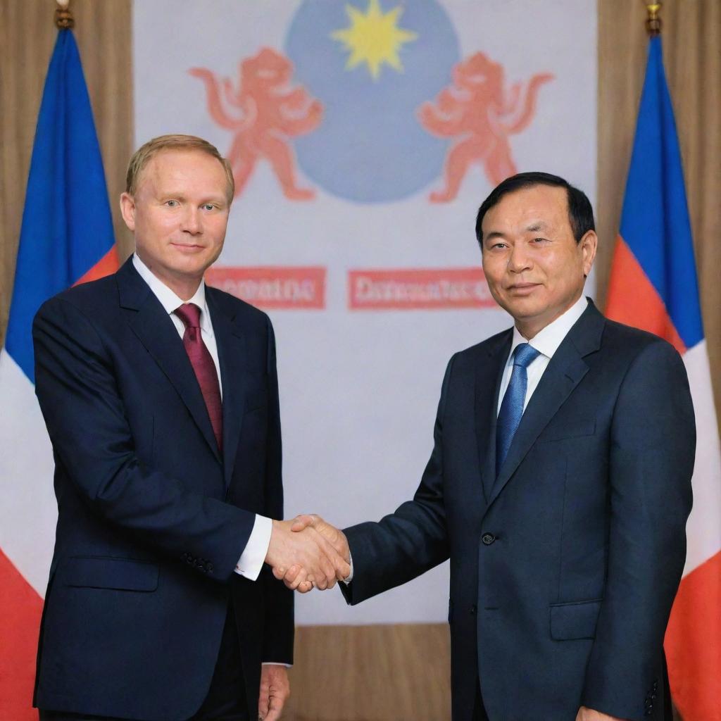 Hun Manet and Sek Vandy in professional attire, shaking hands with the Cambodian flag in background. The frame is styled as a Youtube thumbnail with the title 'Hun Manet meets Sek Vandy'.