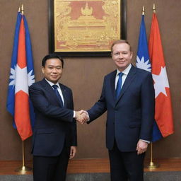 Hun Manet and Sek Vandy in professional attire, shaking hands with the Cambodian flag in background. The frame is styled as a Youtube thumbnail with the title 'Hun Manet meets Sek Vandy'.