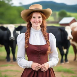 A beautiful woman with auburn hair, dressed in an 1885 old west style long-sleeved dress, is happily working with Holsteins