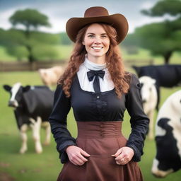 A beautiful woman with auburn hair, dressed in an 1885 old west style long-sleeved dress, is happily working with Holsteins