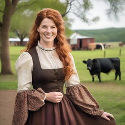 A beautiful woman with auburn hair, dressed in an 1885 old west style long-sleeved dress, is happily working with Holsteins