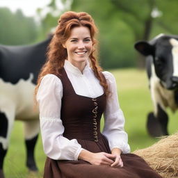 A beautiful woman with auburn hair, dressed in an 1885 old west style long-sleeved dress, is happily working with Holsteins