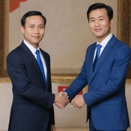 Hun Manet and Sek Vandy in professional attire, shaking hands with the Cambodian flag in background. The frame is styled as a Youtube thumbnail with the title 'Hun Manet meets Sek Vandy'.