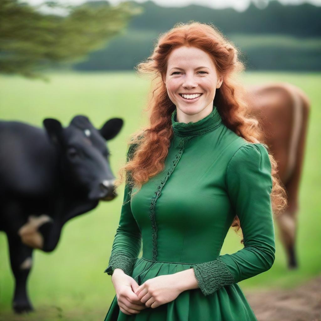 A beautiful woman with auburn hair, dressed in a green long-sleeved dress from the year 1885, is working with Holsteins