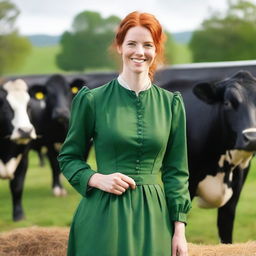 A beautiful woman with auburn hair, dressed in a green long-sleeved dress from the year 1885, is working with Holsteins