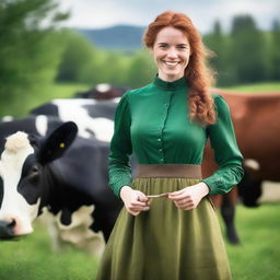 A beautiful woman with auburn hair, dressed in a green long-sleeved dress from the year 1885, is working with Holsteins