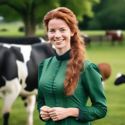 A beautiful woman with auburn hair, dressed in a green long-sleeved dress from the year 1885, is working with Holsteins