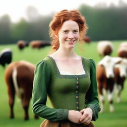 A beautiful young woman with auburn hair, dressed in a green long-sleeved dress from the year 1885