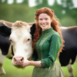 A beautiful young woman with auburn hair, dressed in a green long-sleeved dress from the year 1885