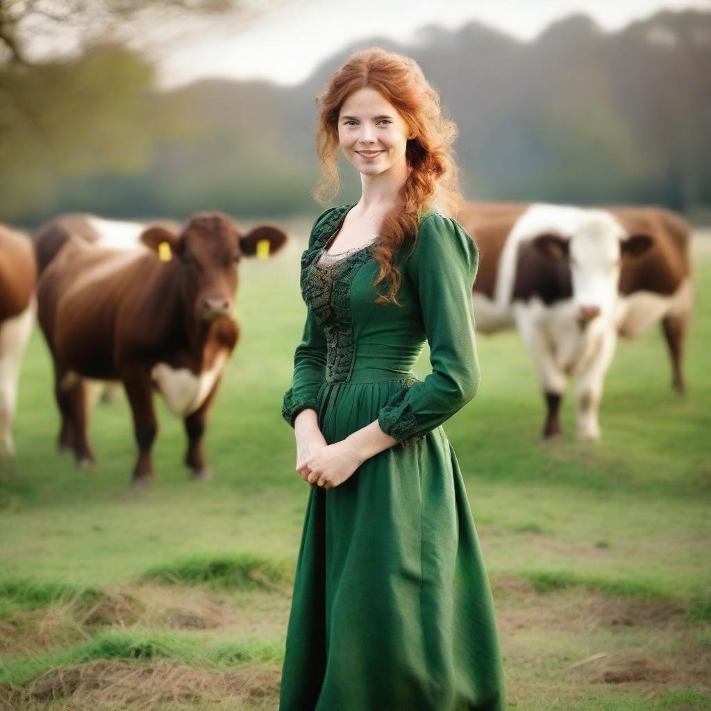 A beautiful young woman with auburn hair, dressed in a green long-sleeved dress from the year 1885