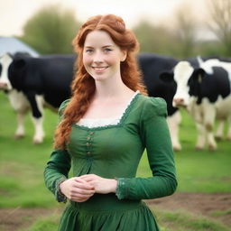 A beautiful young woman with auburn hair, dressed in a green long-sleeved dress from the year 1885