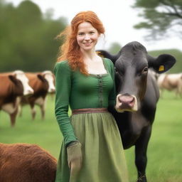 A beautiful woman with auburn hair, dressed in a green long-sleeved dress from the year 1885