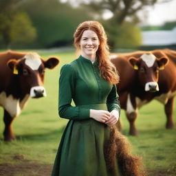 A beautiful woman with auburn hair, dressed in a green long-sleeved dress from the year 1885