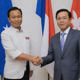 Hun Manet and Sek Vandy in professional attire, shaking hands with the Cambodian flag in background. The frame is styled as a Youtube thumbnail with the title 'Hun Manet meets Sek Vandy'.