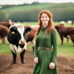 A beautiful woman with auburn hair, dressed in a green long-sleeved dress from the year 1885