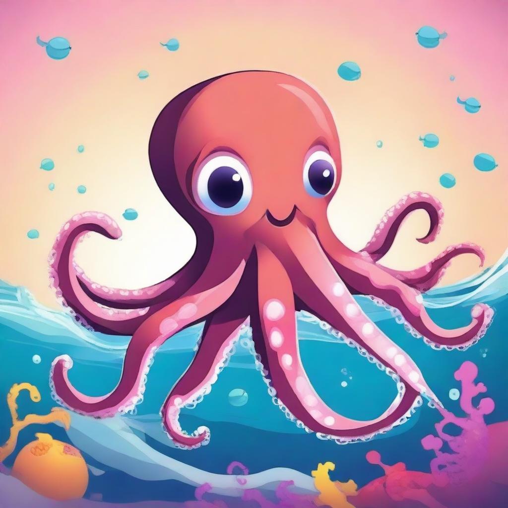 Generate an image of a cute octopus swimming in the ocean. It should be playful and friendly, with bright, vibrant colors.