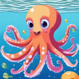 Generate an image of a cute octopus swimming in the ocean. It should be playful and friendly, with bright, vibrant colors.