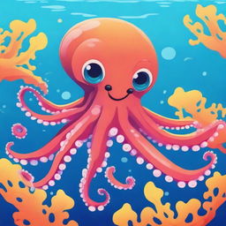 Generate an image of a cute octopus swimming in the ocean. It should be playful and friendly, with bright, vibrant colors.