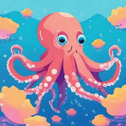 Generate an image of a cute octopus swimming in the ocean. It should be playful and friendly, with bright, vibrant colors.