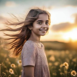 Generate an image of a young girl standing in a field of flowers, her hair blowing gently in the wind