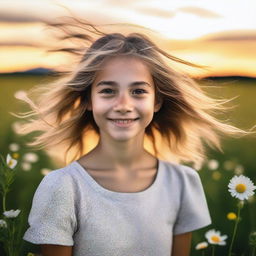 Generate an image of a young girl standing in a field of flowers, her hair blowing gently in the wind