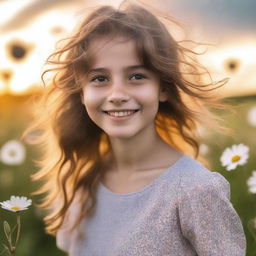 Generate an image of a young girl standing in a field of flowers, her hair blowing gently in the wind