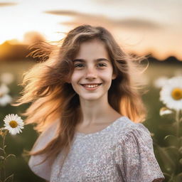 Generate an image of a young girl standing in a field of flowers, her hair blowing gently in the wind