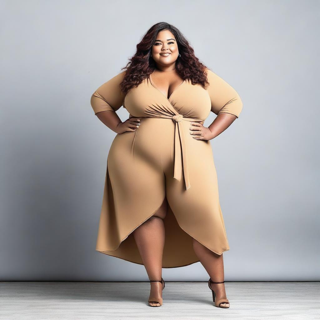 An image of a confident plus-size woman wearing fashionable clothes, standing with a proud and positive attitude.