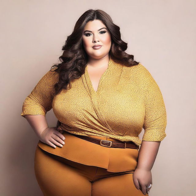 An image of a confident plus-size woman wearing fashionable clothes, standing with a proud and positive attitude.