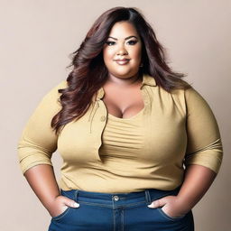 An image of a confident plus-size woman wearing fashionable clothes, standing with a proud and positive attitude.