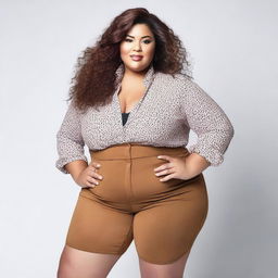 An image of a confident plus-size woman wearing fashionable clothes, standing with a proud and positive attitude.