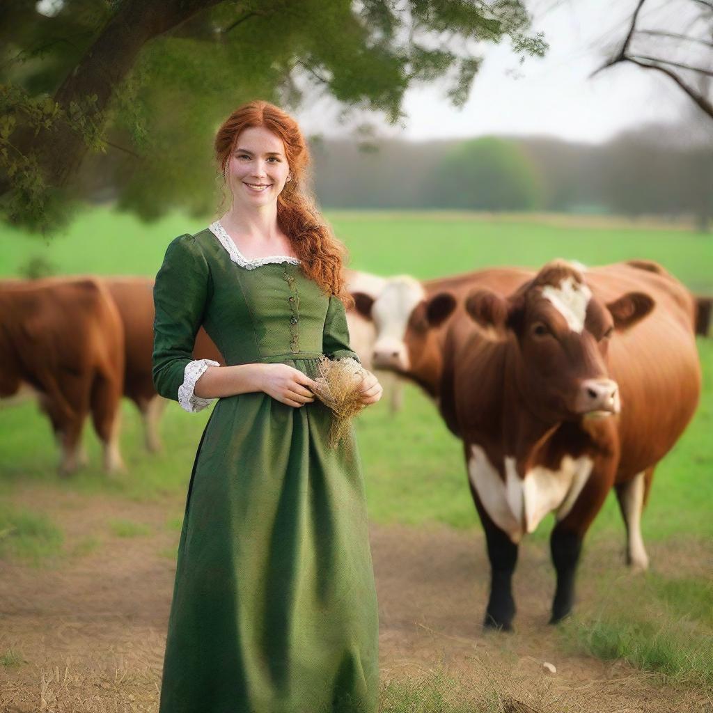 A beautiful woman with auburn hair, dressed in a green long-sleeved dress from the year 1885