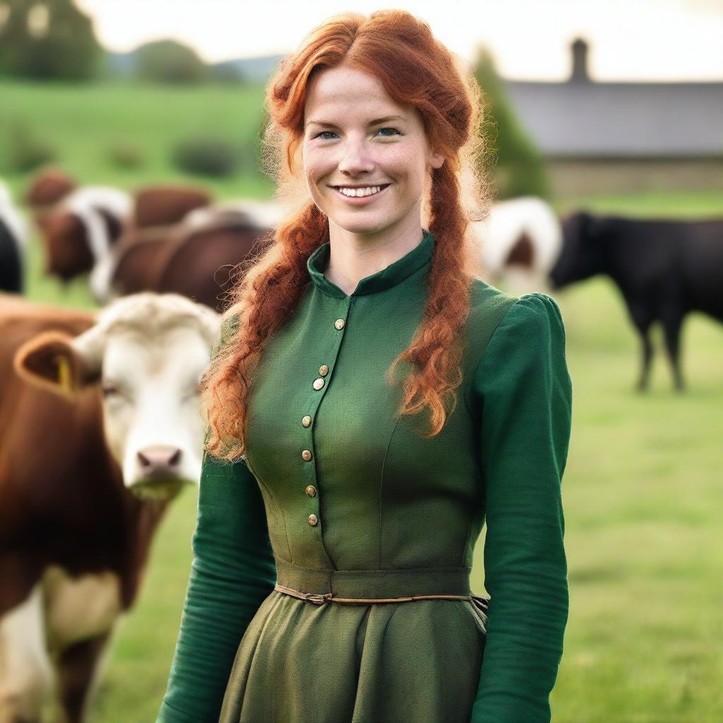 A beautiful woman with auburn hair, dressed in a green long-sleeved dress from the year 1885