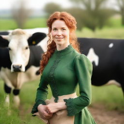 A beautiful woman with auburn hair, dressed in a green long-sleeved dress from the year 1885