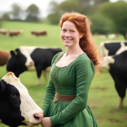 A beautiful woman with auburn hair, dressed in a green long-sleeved dress from the year 1885