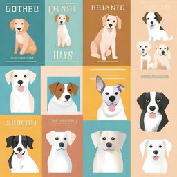 Create a book cover featuring various depictions of dogs