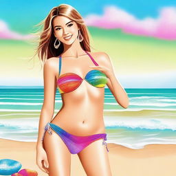 Create an image of a colorful, stylish bikini on a sandy beach with the sparkling ocean in the background