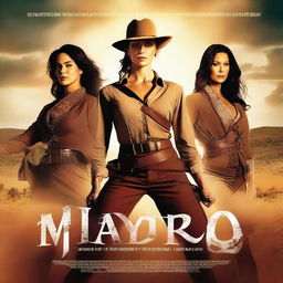 Create a movie poster with the title 'Mayro Reign: Mistress of the Outback', featuring three characters in dynamic poses.