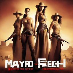 Create a movie poster with the title 'Mayro Reign: Mistress of the Outback', featuring three characters in dynamic poses.