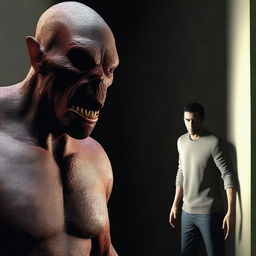 Generate an ultra-detailed, realistic 3D rendering of a man being stalked by a monster