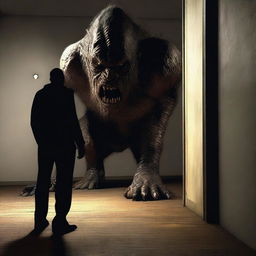 Generate an ultra-detailed, realistic 3D rendering of a man being stalked by a monster