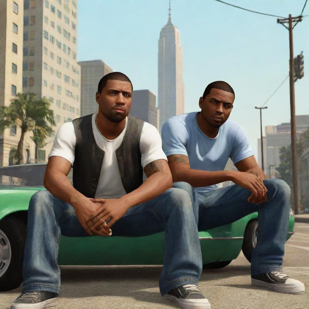 CJ from GTA San Andreas and Michael from GTA V sitting together in a stunt-filled, engaging city backdrop, suitable for a YouTube thumbnail.