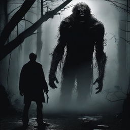 Create an image of a man being stalked by a detailed, monstrous creature in a dark, eerie atmosphere