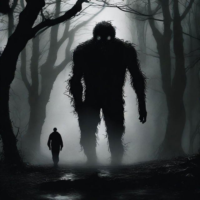 Create an image of a man being stalked by a detailed, monstrous creature in a dark, eerie atmosphere