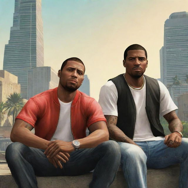 CJ from GTA San Andreas and Michael from GTA V sitting together in a stunt-filled, engaging city backdrop, suitable for a YouTube thumbnail.